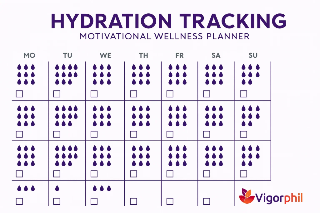 30-day calendar/planner layout showing hydration goals and tracking, motivational wellness planner design with checkboxes and progress indicators, Vigorphil logo in bottom-right corner