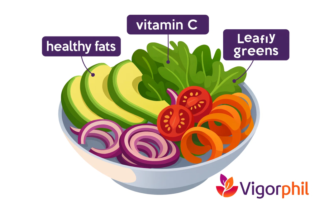 Beautifully styled salad bowl containing the optimal ingredients, with labels indicating nutritional benefits for each component