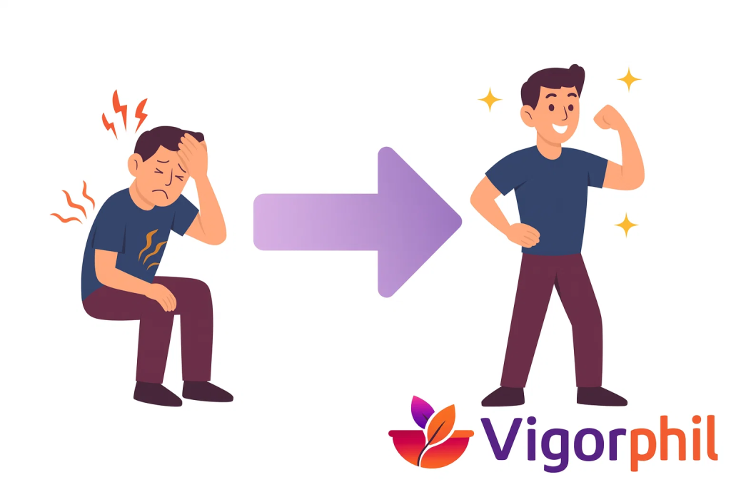Before and after illustration of man with health issues (headache, back pain, breathing difficulty) transforming to healthy, active state, positive health transformation style with Vigorphil logo in bottom-right corner