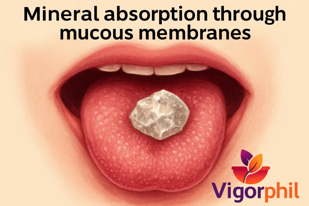  Celtic salt crystal on tongue close-up, showing the process of mineral absorption through mucous membranes, educational medical illustration style with Vigorphil logo in bottom-right corner