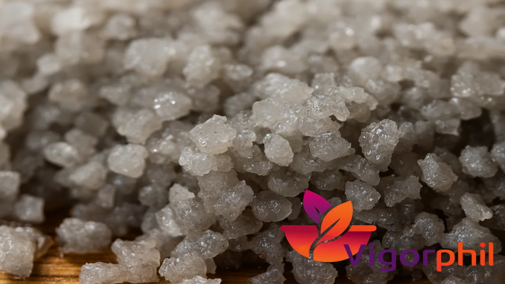Close-up of Celtic sea salt crystals with water droplets, 