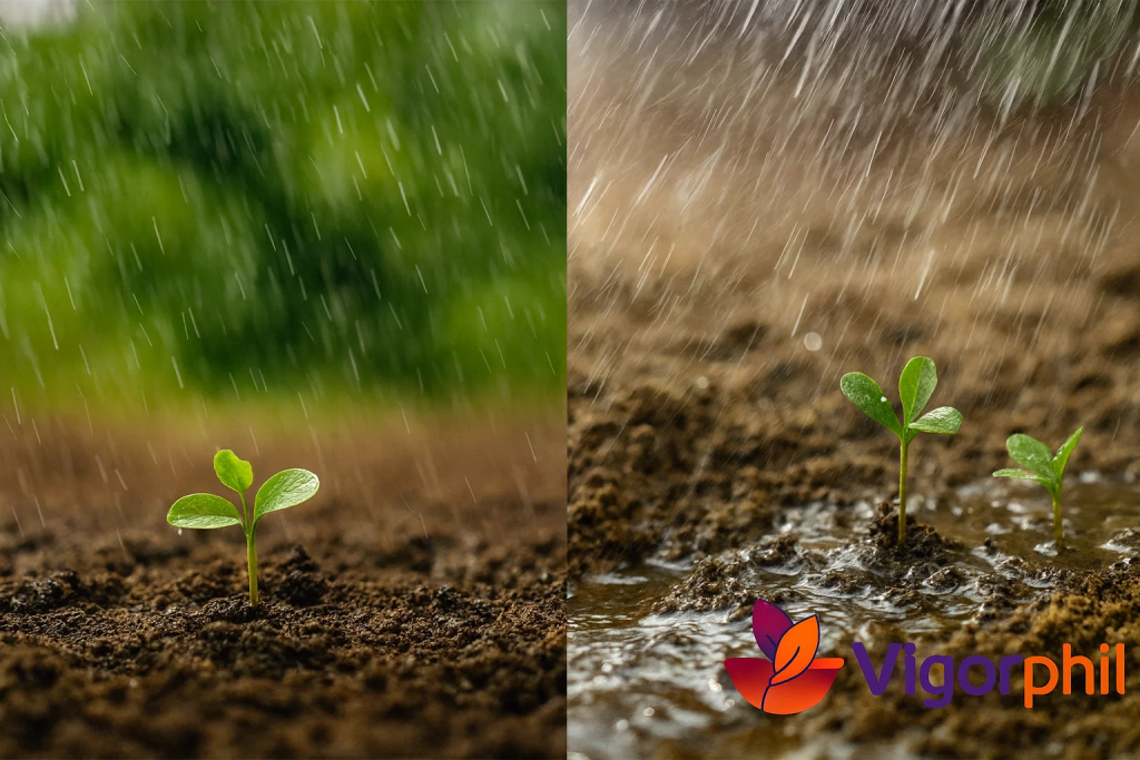 Gentle rain falling on soil being absorbed gradually (left side) versus torrential downpour causing runoff (right side), metaphor for proper hydration, nature photography style with Vigorphil logo in bottom-right corner