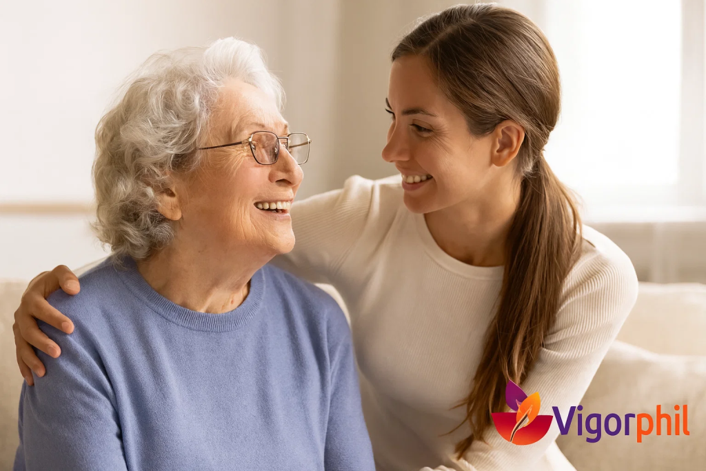 Heartwarming image of elderly woman with clear mind engaging happily with daughter, representing cognitive health restoration, warm family photography style with Vigorphil logo in bottom-right corner