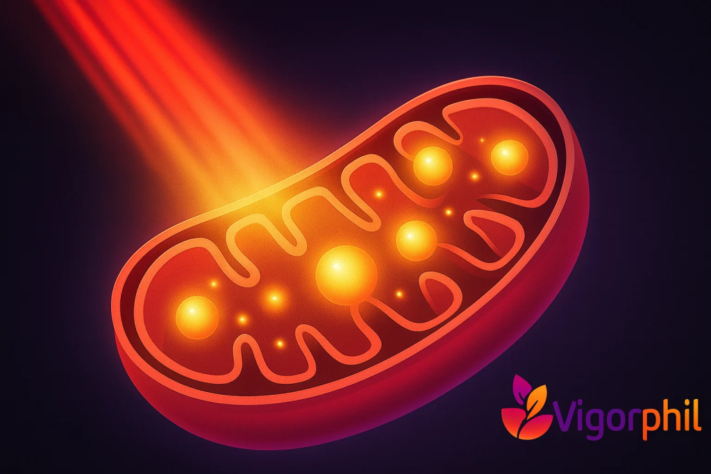 Diagram showing red light wavelengths penetrating scalp tissue and stimulating mitochondrial function