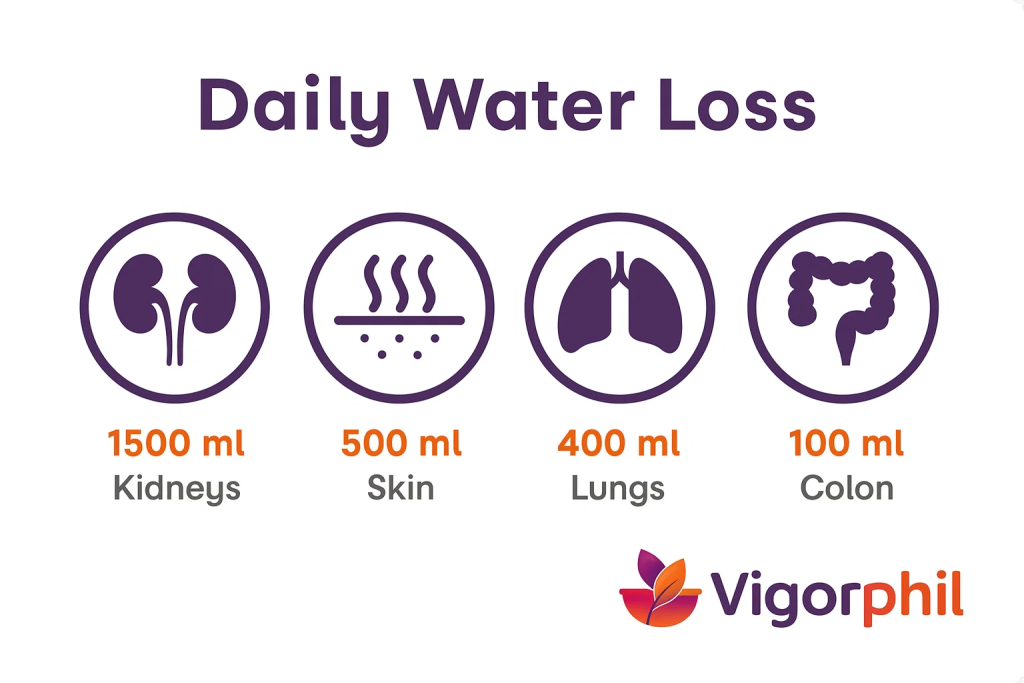 Infographic showing daily water loss through different body systems (kidneys, skin, lungs, colon) with measurements, clean modern design with icons, Vigorphil logo in bottom-right corner