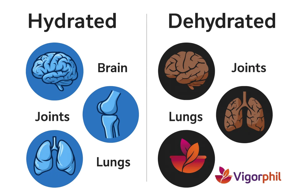 Medical illustration showing comparison of properly hydrated organs versus dehydrated organs (brain, joints, lungs), educational health diagram with Vigorphil logo in bottom-right corner