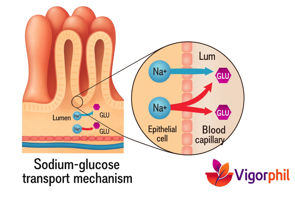Medical illustration showing intestinal villi with sodium-glucose transport mechanism, educational diagram style with arrows showing nutrient absorption, Vigorphil logo in bottom-right corner