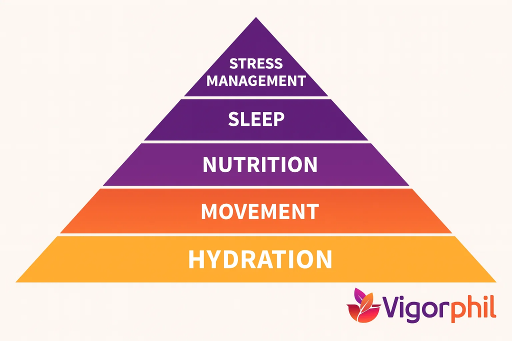 Pyramid or foundation diagram showing hydration at the base supporting all other health pillars (nutrition, movement, sleep, stress management), modern infographic design with Vigorphil logo in bottom-right corner