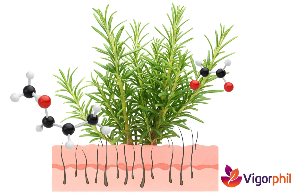 Rosemary plant with molecular structure overlay, showing how plant compounds penetrate scalp tissue.