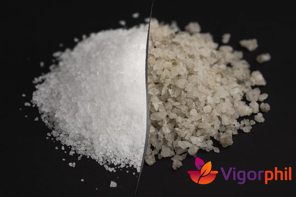 Split comparison image showing processed white table salt on left (sterile, processed) versus gray Celtic sea salt on right