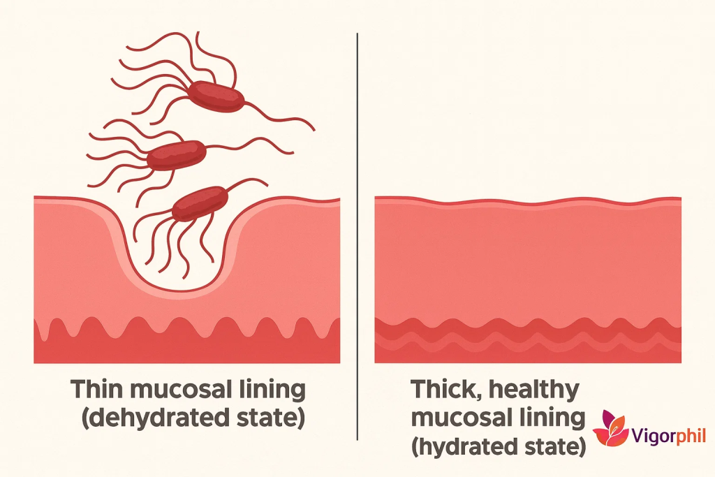 Split diagram showing thin mucosal lining with H. pylori bacteria (dehydrated state) versus thick healthy mucosal lining (hydrated state), medical illustration style with Vigorphil logo in bottom-right corner