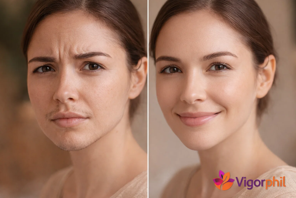 Create a split-screen comparison image showing a woman's face before and after natural facial hair treatment.