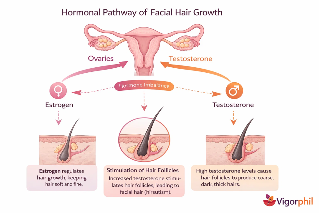 educational infographic showing the hormonal pathway of facial hair growth