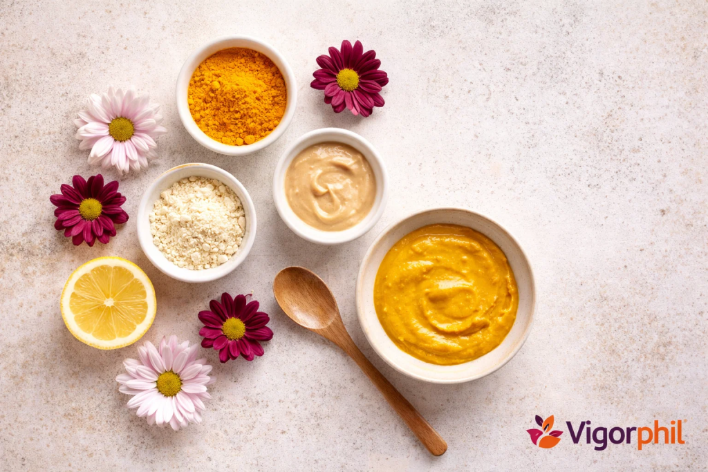 a flat-lay photograph showing the ingredients for the turmeric face mask arranged aesthetically. Include small bowls containing turmeric powder, gram flour, sandalwood paste, a halved lemon, and a completed golden-yellow paste in a larger bowl.