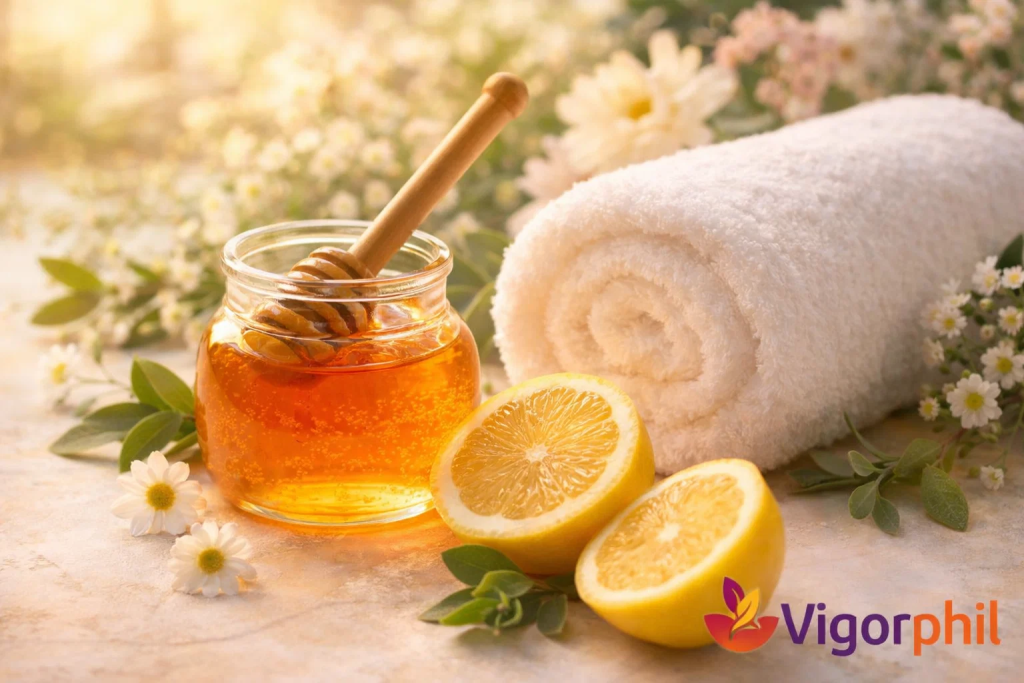  image of a small glass jar of golden honey with a wooden honey dipper, alongside fresh lemon halves and a soft white towel