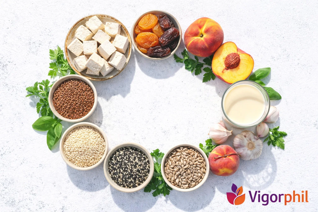 overhead flat-lay of hormone-balancing foods arranged in a circular pattern. Include tofu cubes, various seeds in small bowls (flax, sesame, sunflower), dried fruits, fresh peaches, garlic cloves, and soya milk in a glass