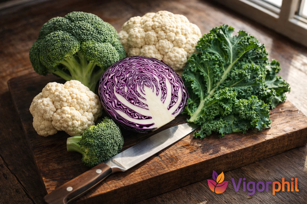 various cruciferous vegetables arranged on a rustic wooden cutting board. Include broccoli, cauliflower, cabbage (cut in half to show interior), and kale leaves