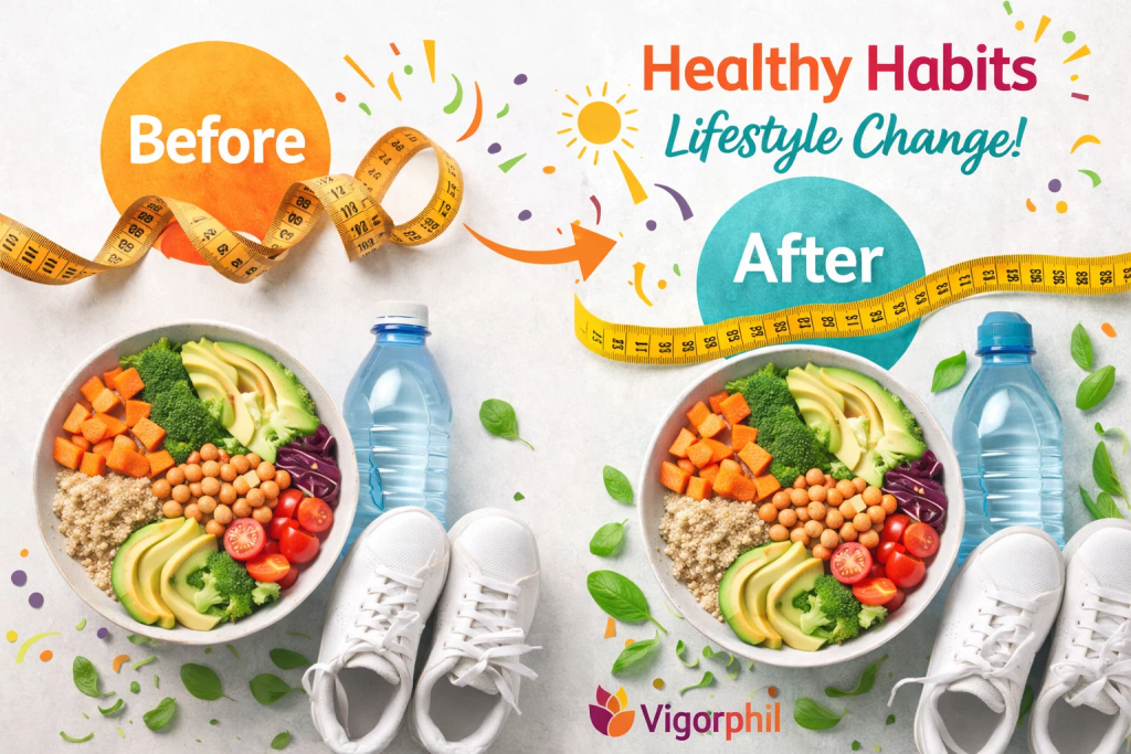 motivational before-and-after style image showing a measuring tape, healthy plant-based meal in a bowl, sneakers, and a water bottle arranged on a light background.