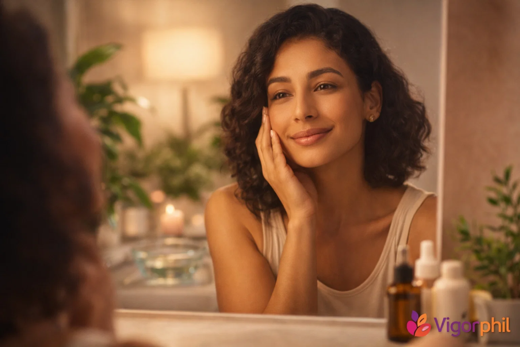  inspirational image showing a confident woman looking in a mirror with a gentle smile, touching her face lovingly.