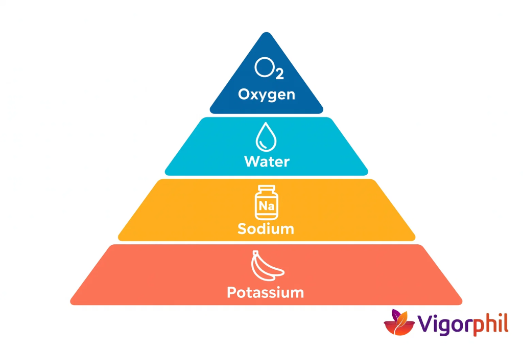  Infographic showing the four vital elements (oxygen, water, sodium, potassium) in a hierarchical pyramid design with icons, clean modern design with Vigorphil logo in bottom-right corner, educational style